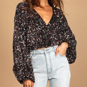 Keep Dazzling Pink Multi Sequin Long Sleeve Crop Top